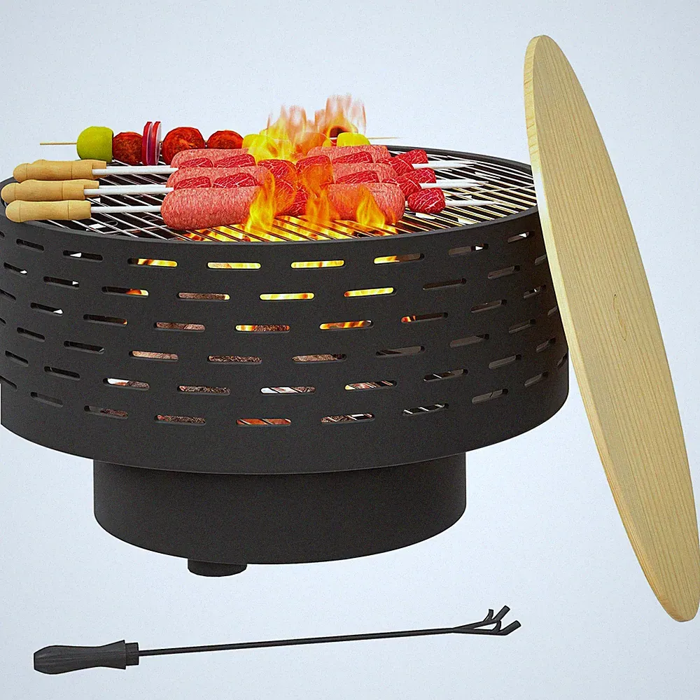 3 in 1 Feuerschale 60 x 60 x 39 cm Kohlegrau Grillrost Funkenschutz