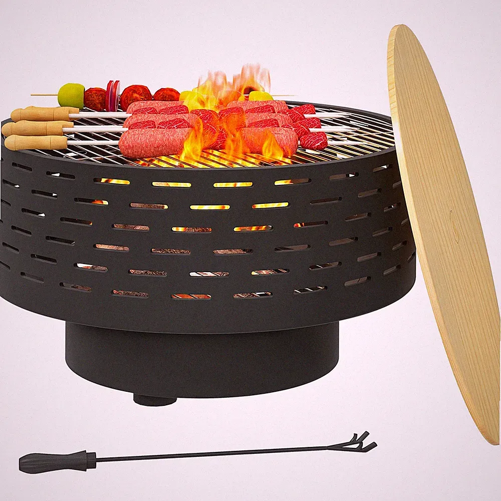 3 in 1 Feuerschale Kohlegrau Grillrost Funkenschutz BBQ Feuerkorb Garten
