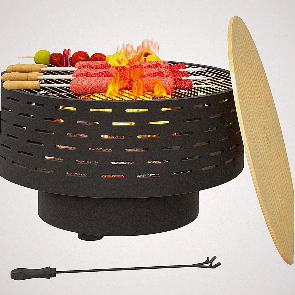 3-in-1 Feuerschale Ø60 x 39cm Feuerstelle mit Edelstahl-Grillrost Schürhaken