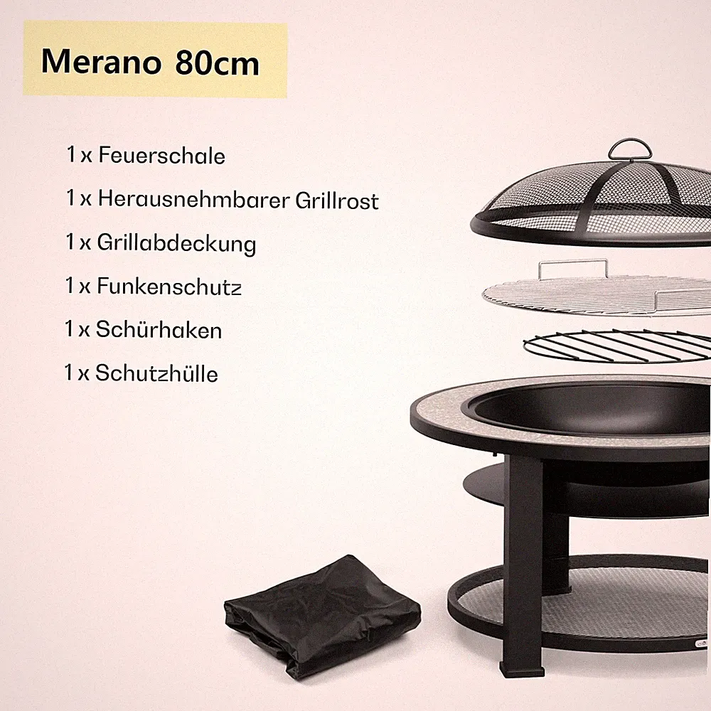 Blumfeldt Merano 80cm Niedrige Feuerschale mit Grill Feuerkorb Funkenschutz