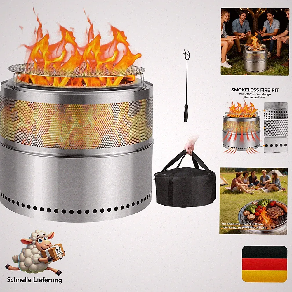 Feuerschale 50cm Edelstahl Rauchfrei tragbar mit Grillrost & Zubehör Smool