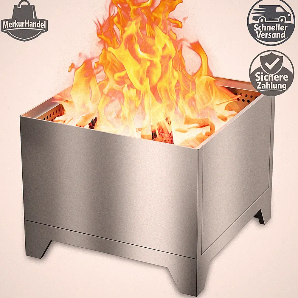 Feuerschale Edelstahl 50 cm Quadratisch Outdoor Feuerstelle mit Ascheplatte