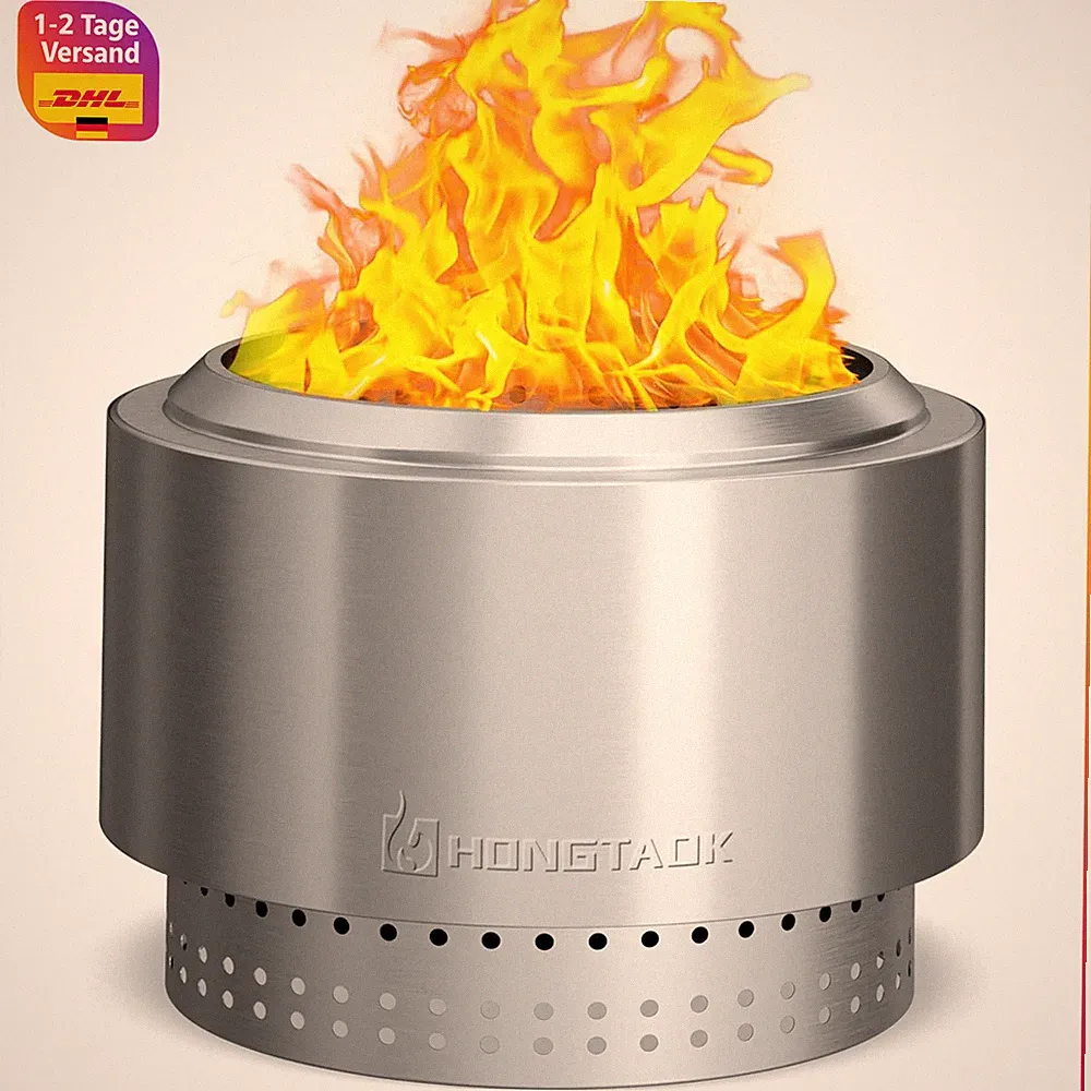 Feuerschale Edelstahl 50 cm Rauchfrei Abnehmbare Ascheplatte mit Schürhaken