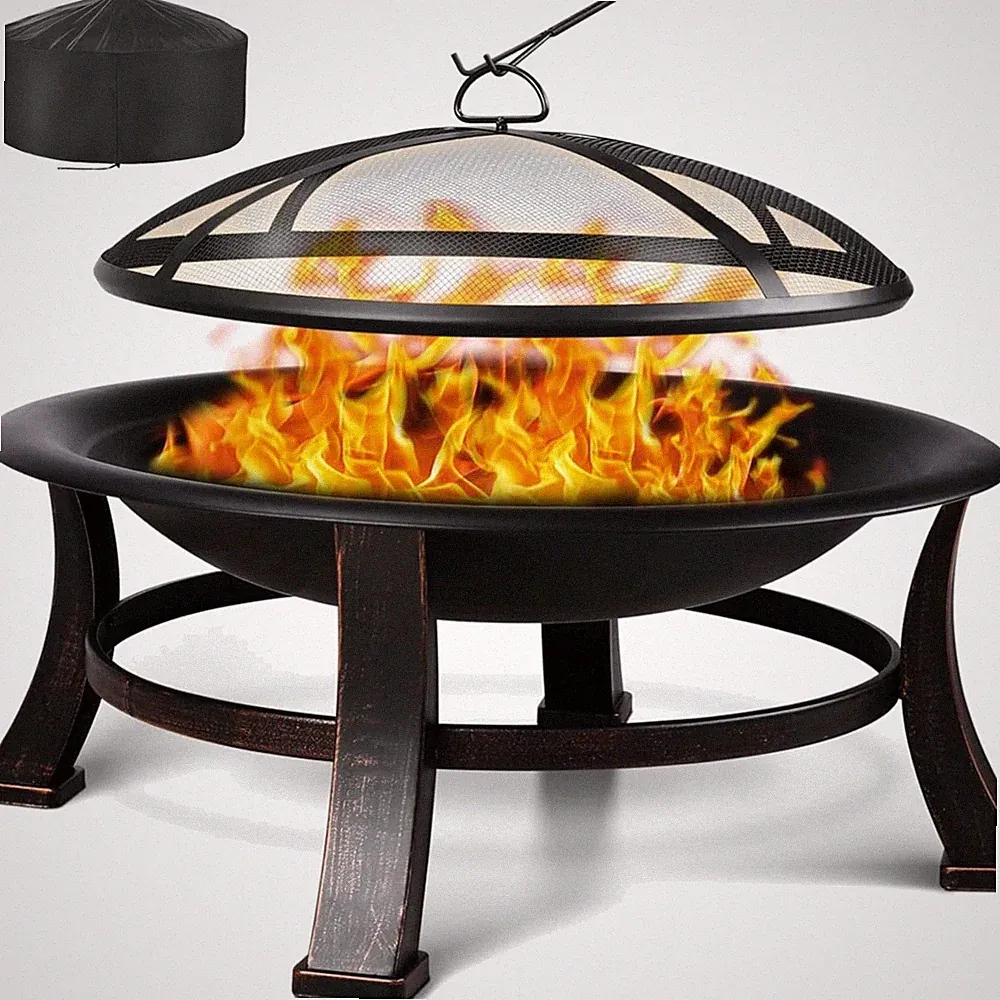 Feuerschale Feuerkorb Grillrost Funkenschutz Garten Schwarz 76cm Retro
