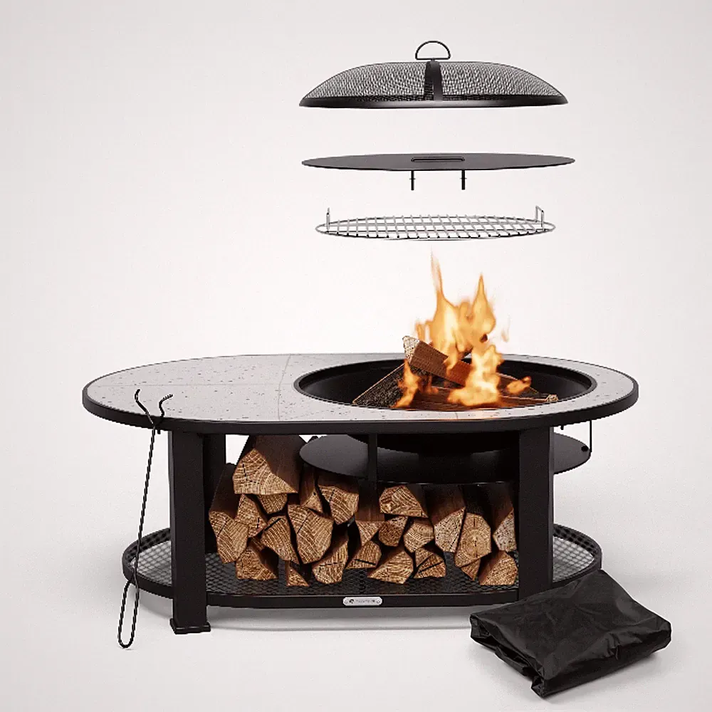 Feuerschale Grill 115 cm 3-in-1 Feuerstelle Garten Feuerkorb Funkenschutz Grau