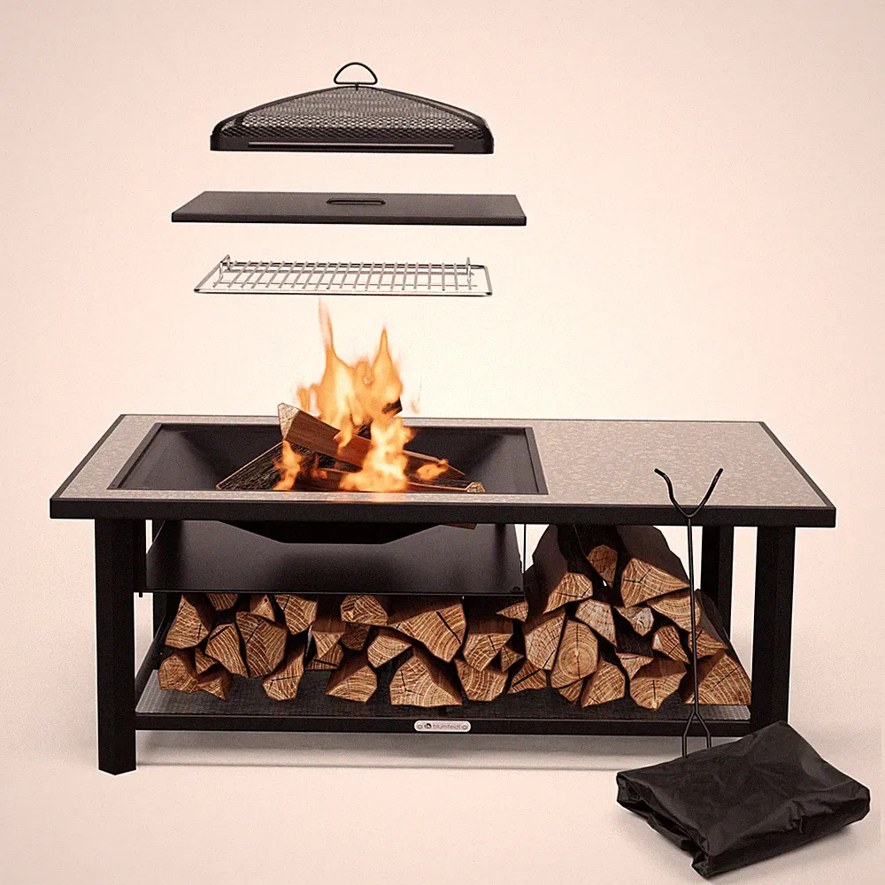 Feuerschale Grill 122 cm Feuerstelle Terrasse Feuerkorb Tisch Stahl Funkenschutz