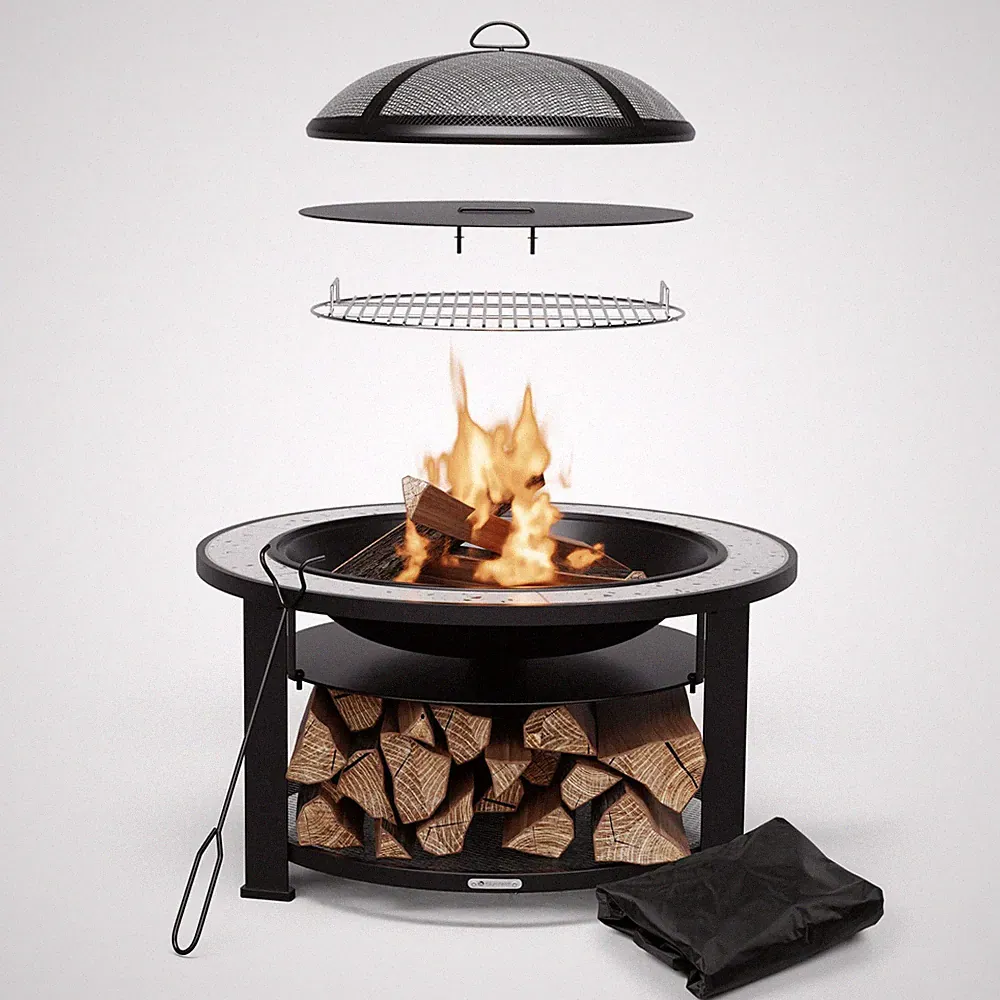 Feuerschale Grill 80 cm 3-in-1 Feuerstelle Garten Feuerkorb Funkenschutz Grau