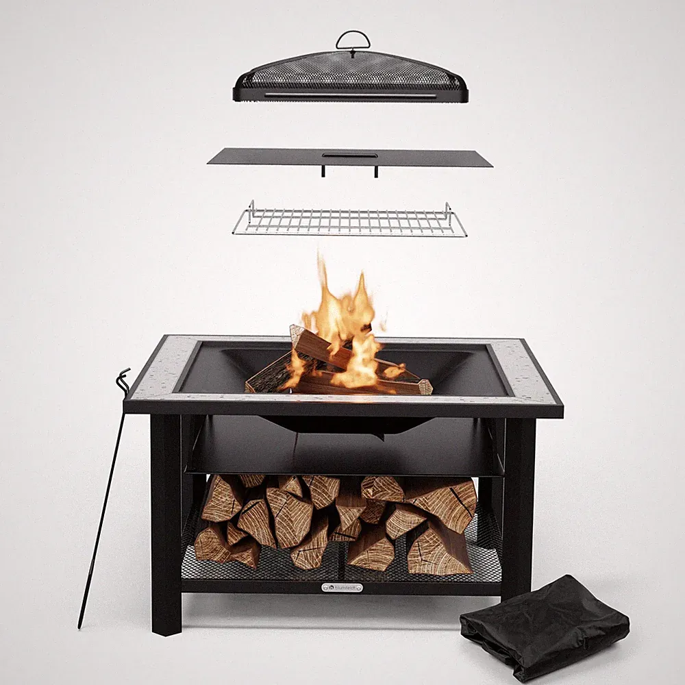 Feuerschale Grill 87 cm 3-in-1 Feuerstelle Terrasse Feuerkorb Funkenschutz Grau