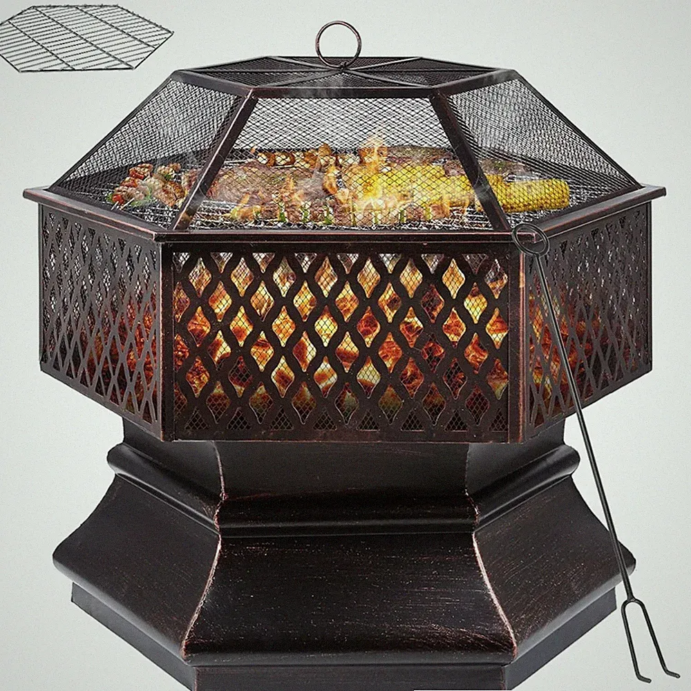 Feuerschale mit Grillrost 66x66x63cm sechseckig Kupfer Feuerkorb mit Funkensc...