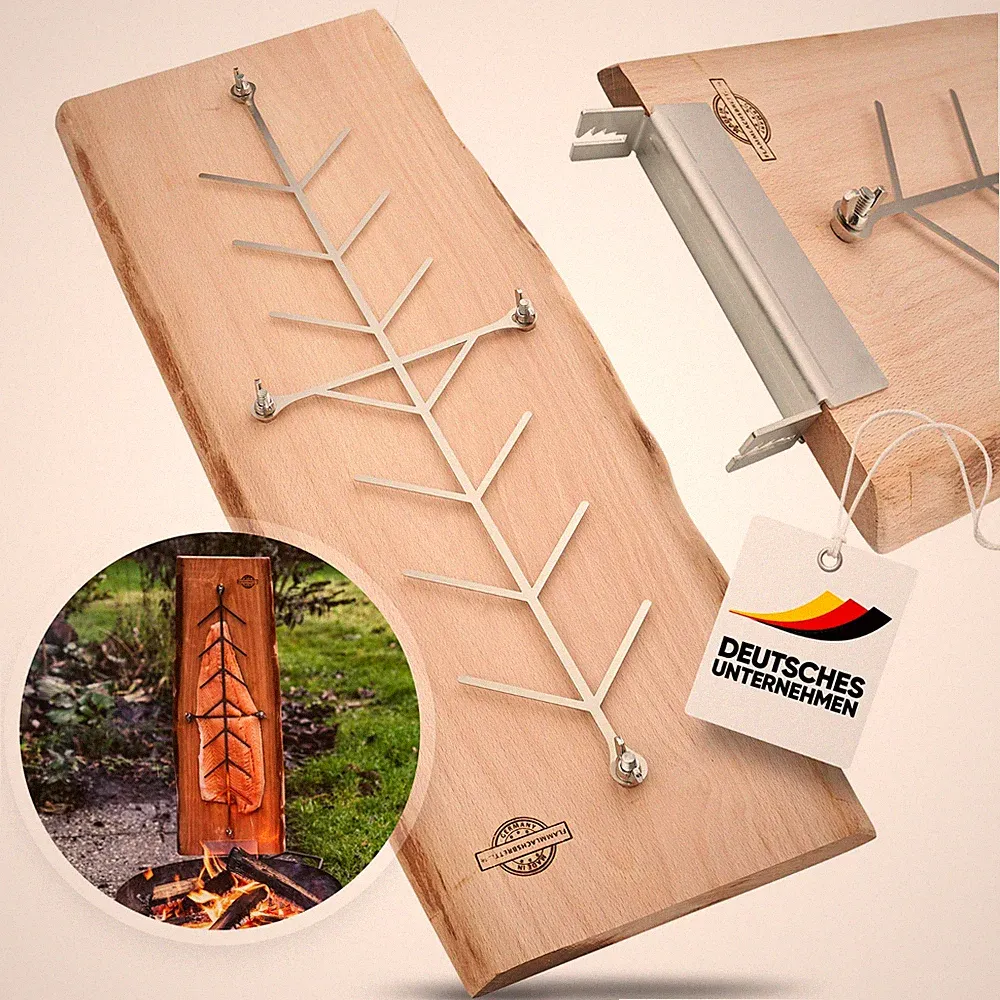 Flammlachsbrett Buche rustikal Grill Feuerschale edelstahl Halterung 78cm groß