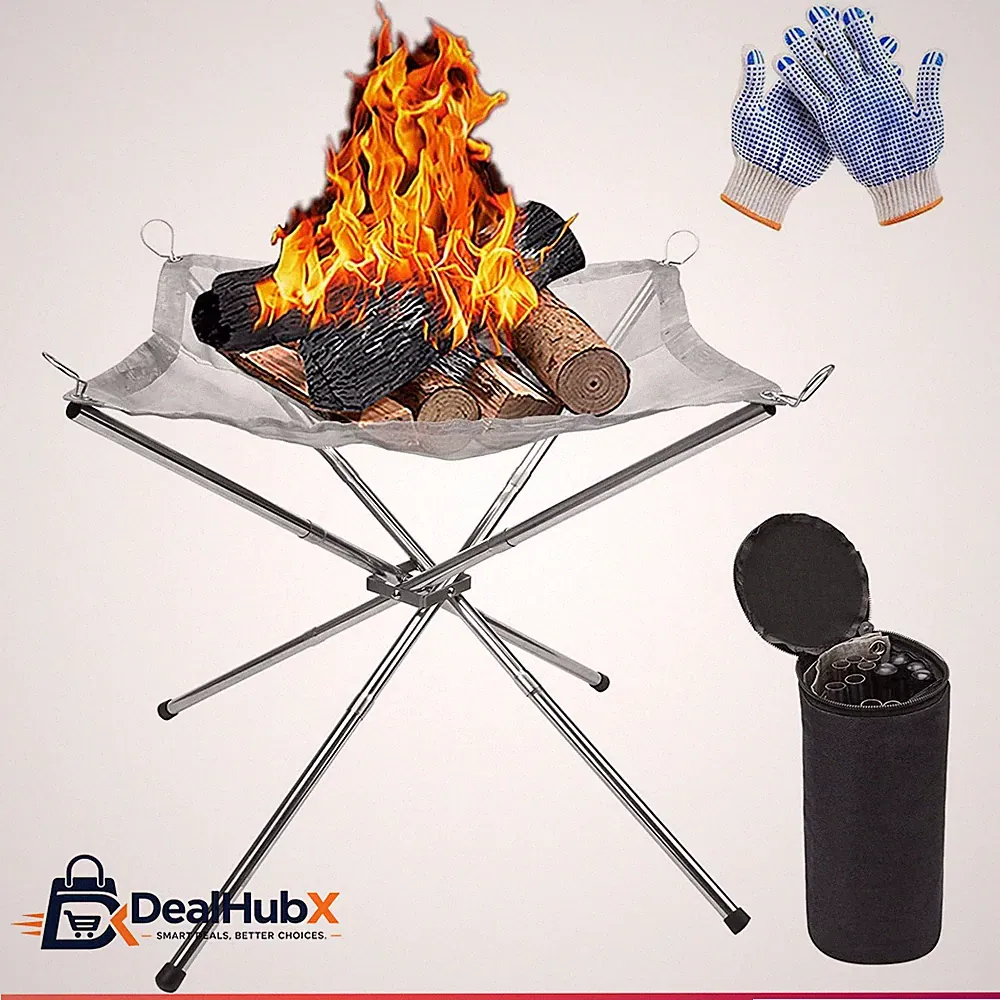Tragbare Feuerstelle Edelstahl 42cm Faltbar Grill-Feuerschale mit Handschuhen