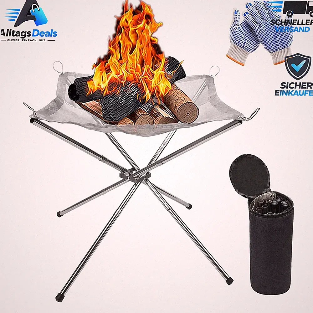 Tragbare Feuerstelle Edelstahl 42cm Faltbar Grill-Feuerschale mit Handschuhen