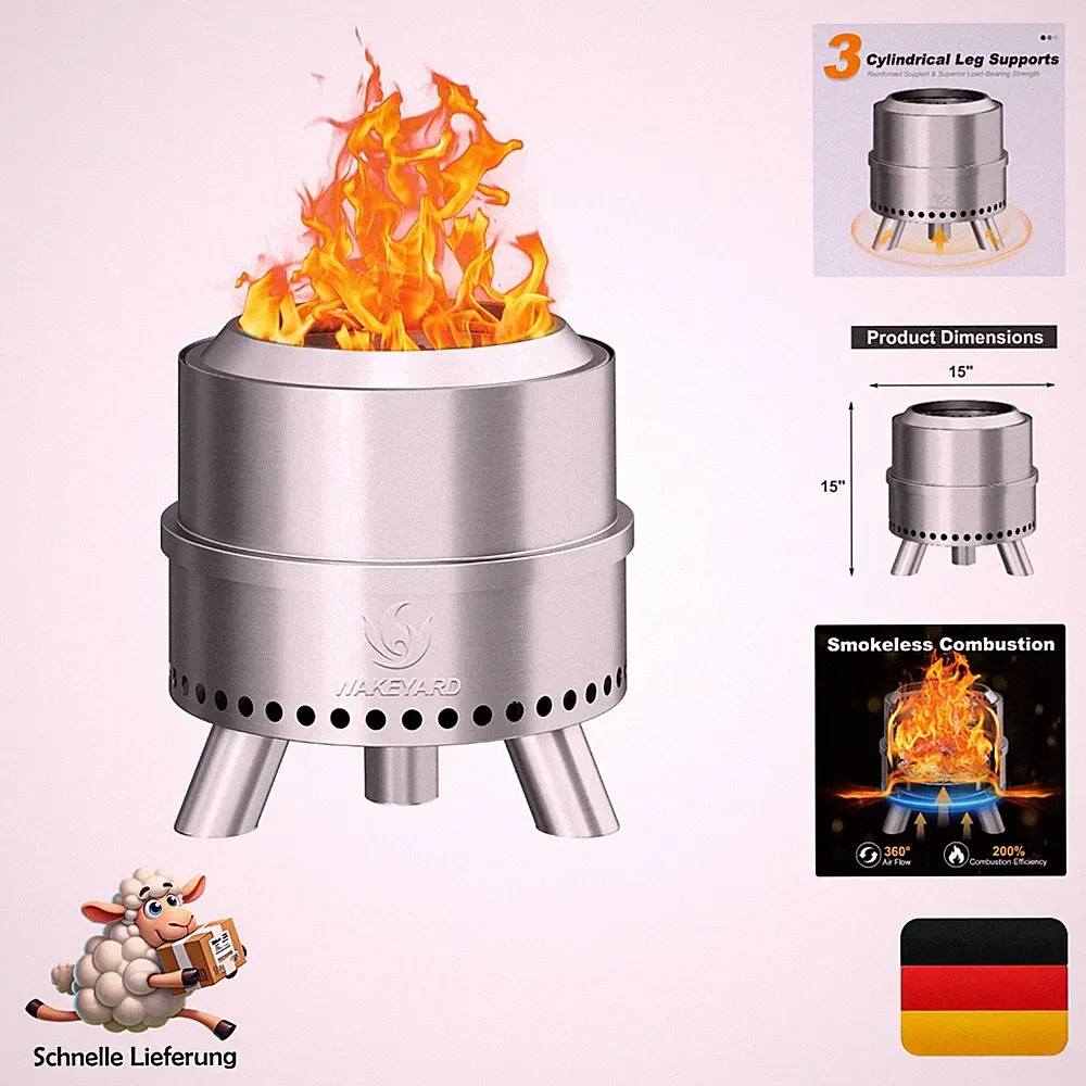 Wakeyard Rauchfreie Feuerstelle 15 Zoll Edelstahl Outdoor Tragbar mit Schürha...