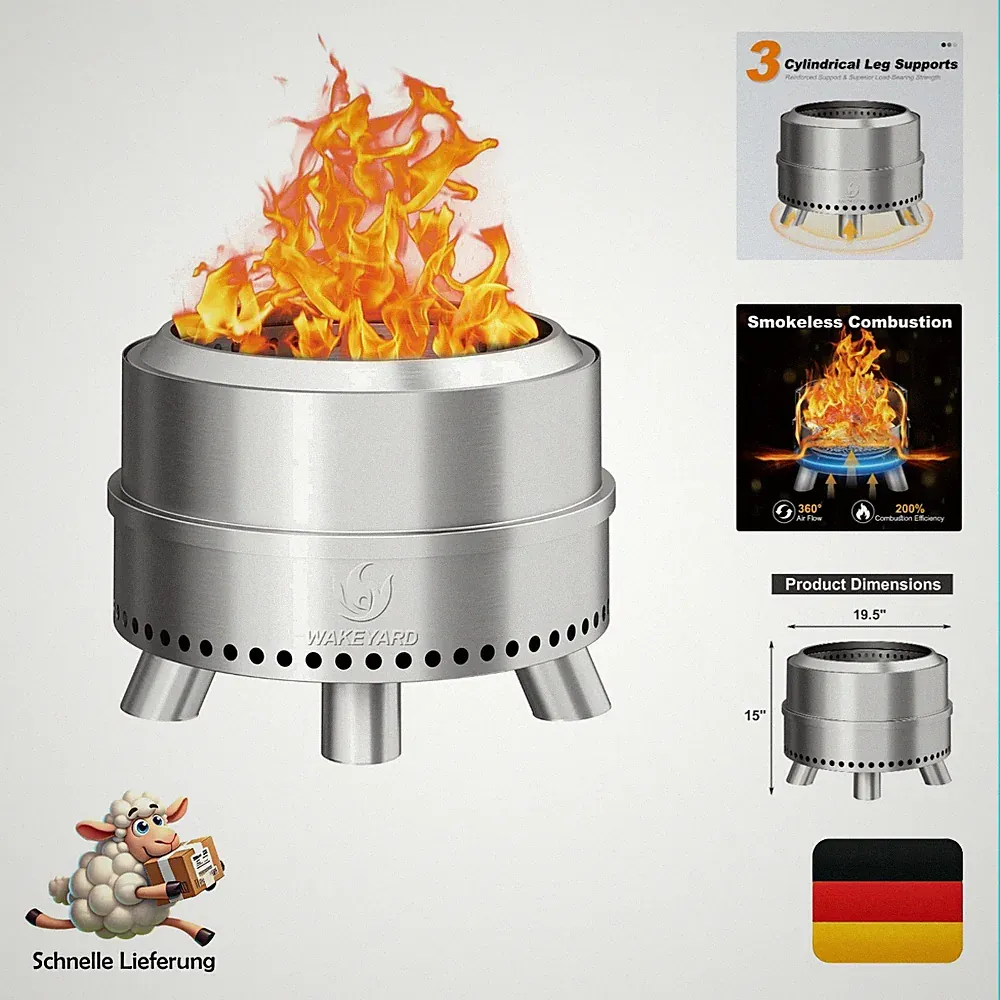 Wakeyard Rauchfreie Feuerstelle 19 Zoll Edelstahl tragbar mit Schürhaken und...